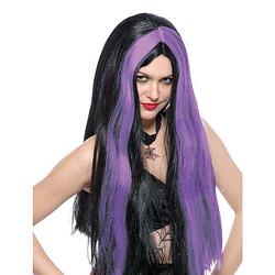 Foto van Funny fashion heksenpruik lang haar - zwart/paars - dames - halloween - verkleedpruiken