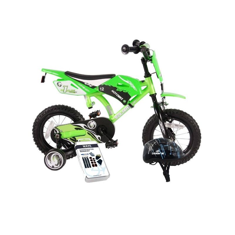 Foto van Volare kinderfiets motorbike - 12 inch - groen - met fietshelm & accessoires