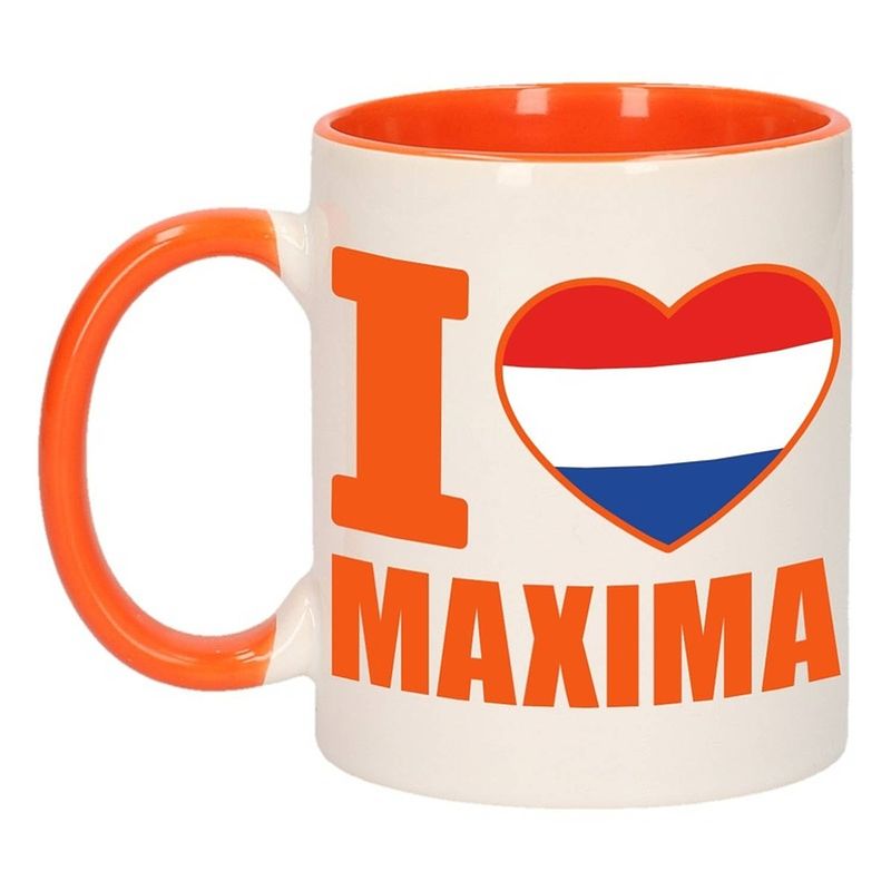 Foto van 1x i love maxima beker / mok - oranje met wit - 300 ml keramiek - oranje bekers