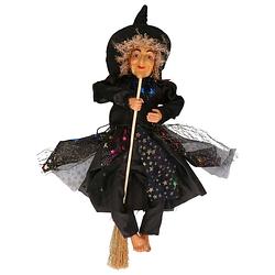 Foto van Halloween decoratie heksen pop op bezem - 30 cm - zwart - halloween poppen