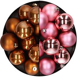 Foto van Kunststof kerstballen 6 cm - 24x stuks - bruin en roze - kerstbal