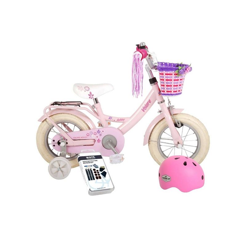 Foto van Volare kinderfiets ashley - 12 inch - roze - 95% afgemonteerd - met fietshelm & accessoires