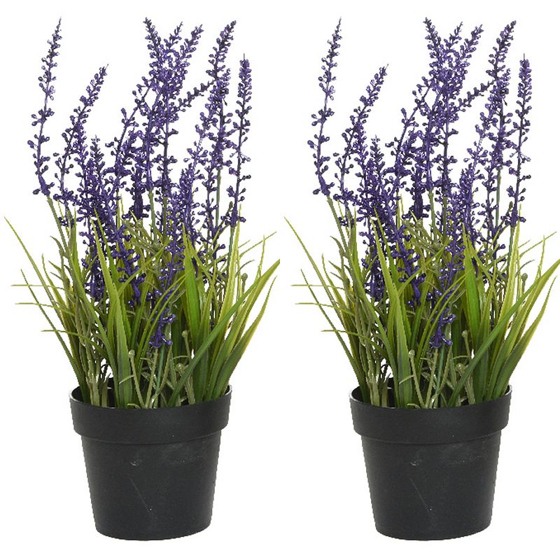 Foto van 2x stuks lavendel kunstplant in pot - violet paars - d15 x h30 cm - kunstplanten