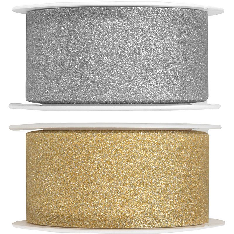 Foto van 2x hobby/decoratie zilver en gouden sierlinten met glitters 3 cm/30 mm x 5 meter - cadeaulinten