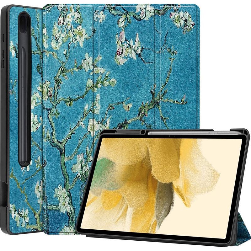 Foto van Basey samsung galaxy tab s7 fe hoesje kunstleer hoes case cover - bloesem