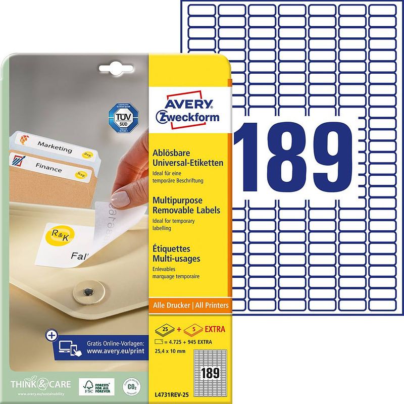 Foto van Avery-zweckform l4731rev-25 etiketten 25.4 x 10 mm papier wit 5760 stuk(s) weer verwijderbaar universele etiketten inkt, laser, kopie 30 vel din a4