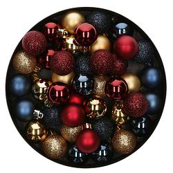 Foto van 42x stuks kunststof kerstballen mix donkerrood/goud/donkerblauw 3 cm - kerstbal