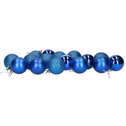 Foto van 16x stuks kerstballen blauw mix van mat/glans/glitter kunststof 5 cm - kerstbal