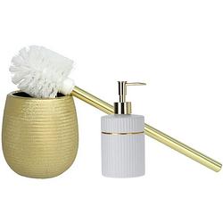 Foto van Toiletborstel met houder - zeeppompje 300 ml - polystone - wit/goud - badkameraccessoireset