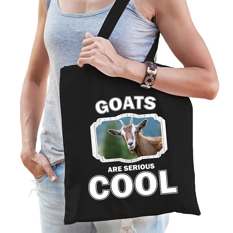 Foto van Katoenen tasje goats are serious cool zwart - geiten/ geit cadeau tas - feest boodschappentassen