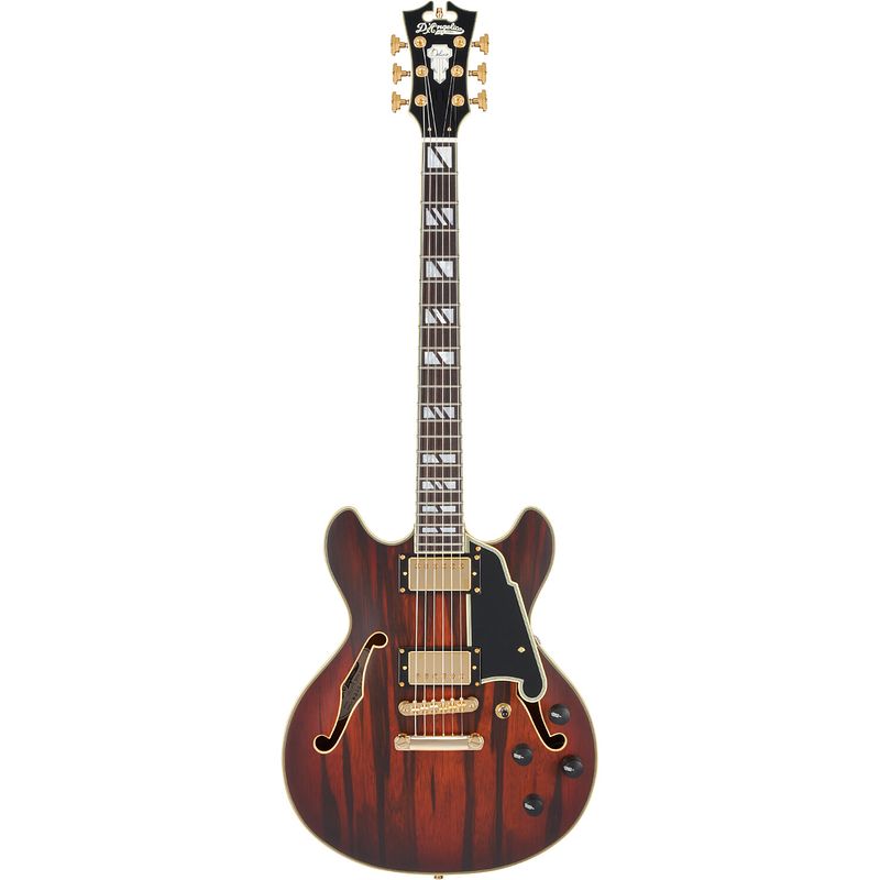 Foto van D'sangelico deluxe mini dc stopbar satin brown burst semi-akoestische gitaar met koffer