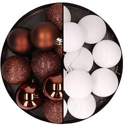 Foto van 24x stuks kunststof kerstballen mix van donkerbruin en wit 6 cm - kerstbal