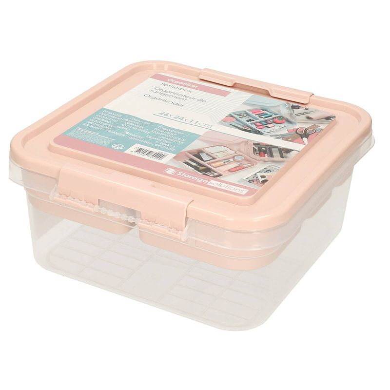 Foto van Multifunctionele opberg/sorteer naaigaren/verband/hobby box/doos roze 26 x 24 x 11 cm - gereedschap opbergbox