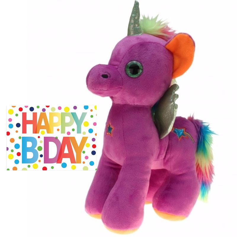 Foto van Pluche knuffel eenhoorn paars 35 cm met happy birthday wenskaart - knuffeldier