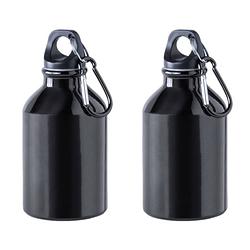 Foto van 2x stuks aluminium waterfles/drinkfles zwart met schroefdop en karabijnhaak 330 ml - drinkflessen