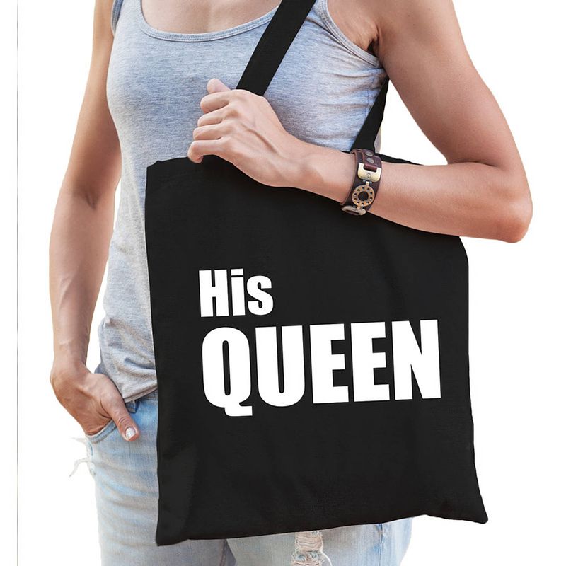 Foto van His queen tas / shopper zwart katoen met witte tekst voor dames - feest boodschappentassen