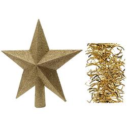 Foto van Kerstversiering kunststof glitter ster piek 19 cm en golf folieslingers pakket goud van 3x stuks - kerstboompieken