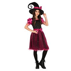 Foto van Heksen verkleed kostuum zwart/roze voor meisjes 10-12 jaar (140-152) - carnavalskostuums