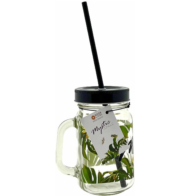 Foto van Drinkglas met handvat en deksel + rietje mystic jungle - 400 ml - 4 stuks