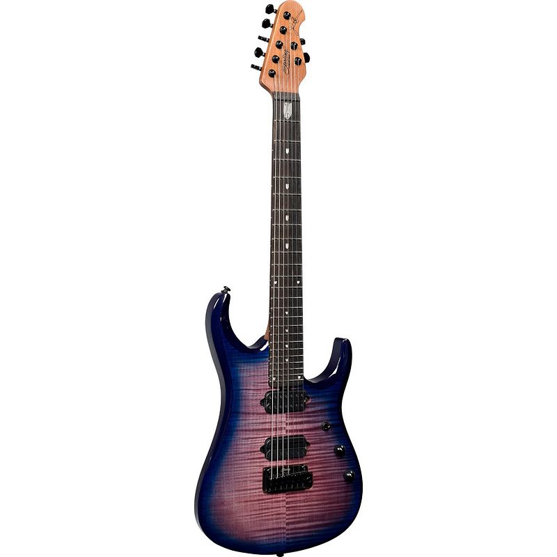 Foto van Sterling by music man jp157d john petrucci signature flame maple purple nebula 7-snarige elektrische gitaar met deluxe gigbag