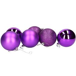 Foto van 6x stuks kerstballen paars mix van mat/glans/glitter kunststof 8 cm - kerstbal