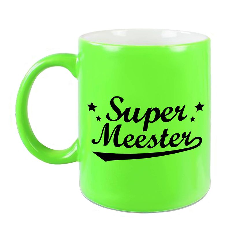 Foto van Super meester cadeau mok / beker neon groen 330 ml - feest mokken