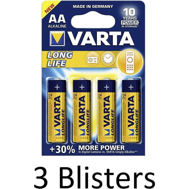 Foto van 12 stuks (3 blisters a 4 st) varta longlife mignon aa batterij