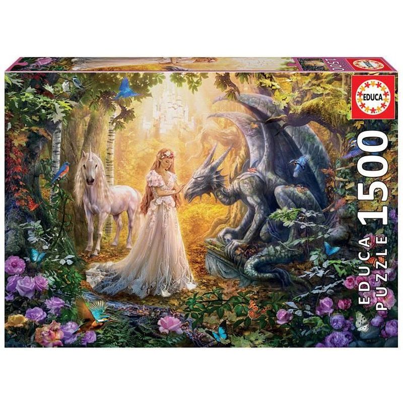Foto van Educa puzzle 1500 dragon, princess and unicorn