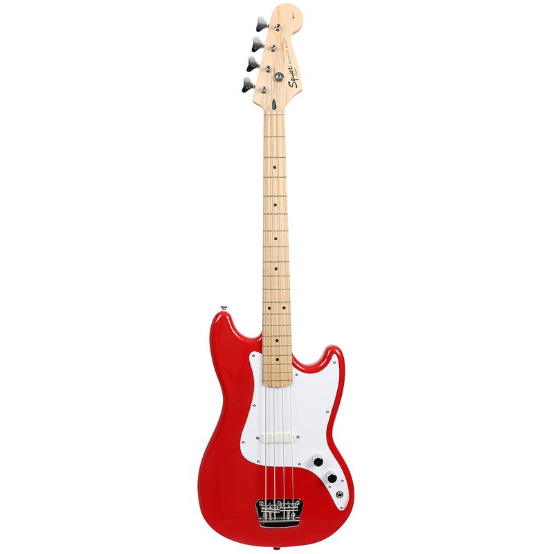 Foto van Squier bronco bass torino red mn elektrische short scale basgitaar