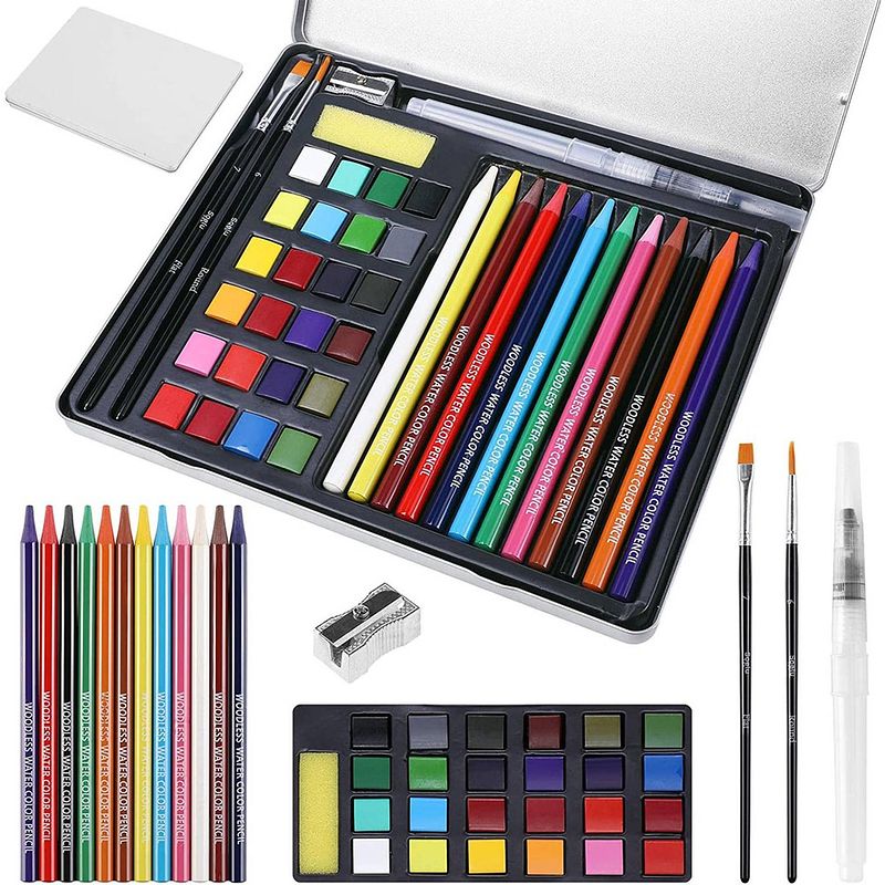 Foto van Rx goods 42 stuks waterverf & aquarel schilder set - 12 aquarelpotloden, 24 verven & accessoires