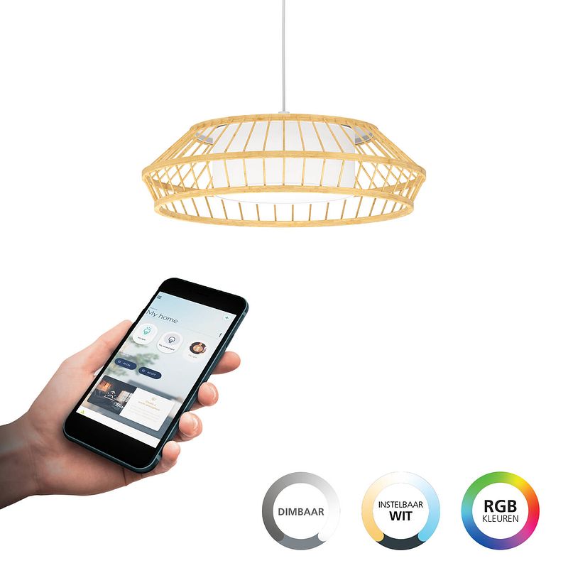 Foto van Eglo connect.z yuku-z hanglamp - ø 46 cm - wit/bruin - instelbaar rgb & wit licht - dimbaar - zigbee