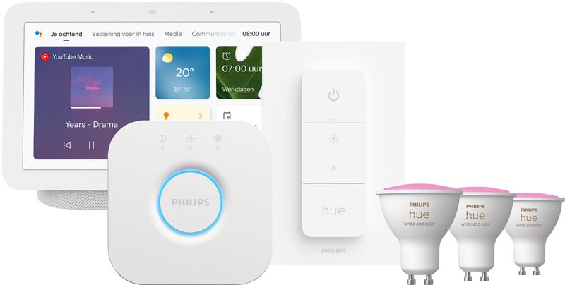 Foto van Philips hue white and color starter pack gu10 3-pack + dimmer + bridge + google nest hub 2