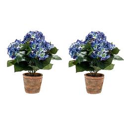 Foto van 2x kunstplant hortensia blauw oude ronde terracotta pot 37 cm - kunstplanten