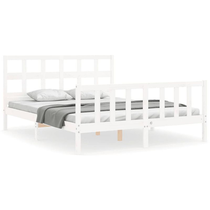 Foto van The living store bedframe massief grenenhout - wit - 205.5 x 165.5 x 100 cm - multiplex lattenbodem - functioneel