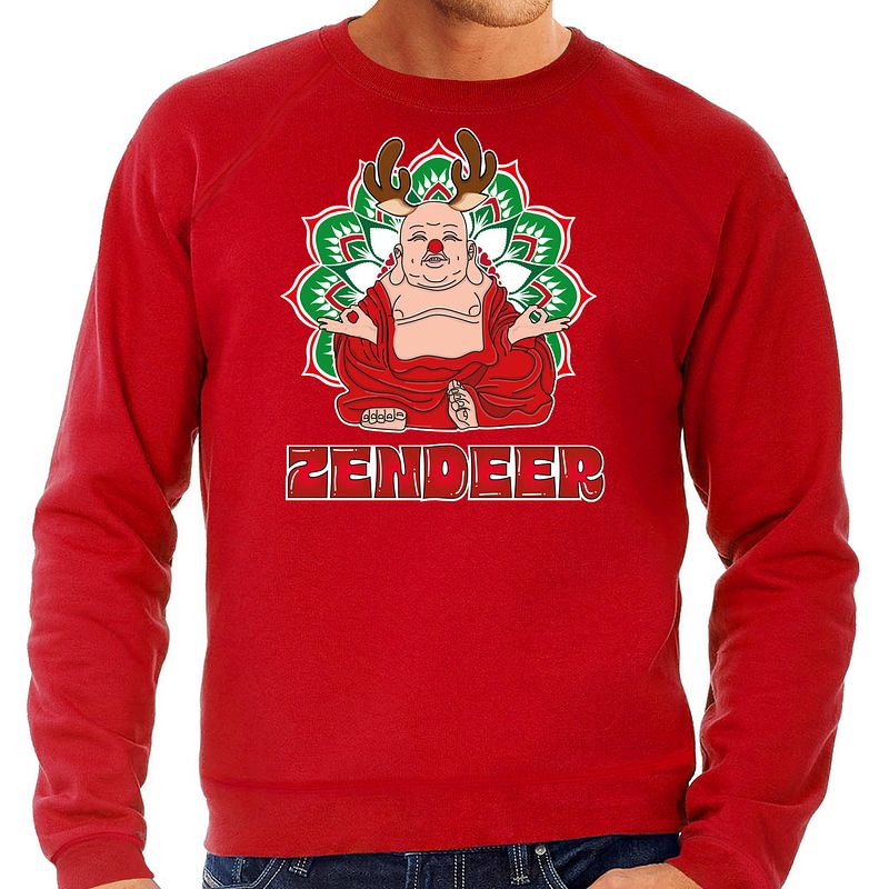 Foto van Bellatio decorations foute kersttrui/sweater voor heren - zendeer buddha - rood - rendier - boeddha m - kerst truien