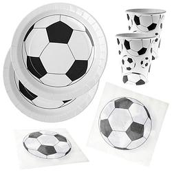 Foto van Voetbal feest wegwerp servies set - 10x bordjes / 10x bekers / 20x servetten - wit/zwart - feestpakketten