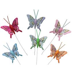 Foto van 24x stuks kerst decoratie vlinders op draad gekleurd - 5 cm - feestdecoratievoorwerp