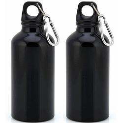 Foto van 2x stuks aluminium waterfles/drinkfles zwart met schroefdop en karabijnhaak 400 ml - drinkflessen
