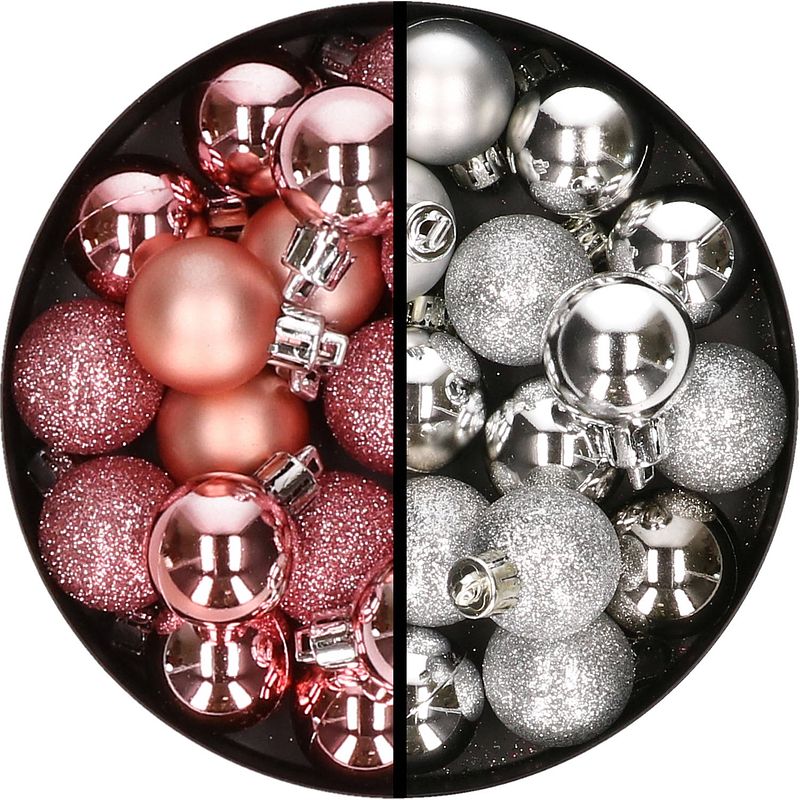 Foto van 34x stuks kunststof kerstballen roze en zilver 3 cm - kerstbal