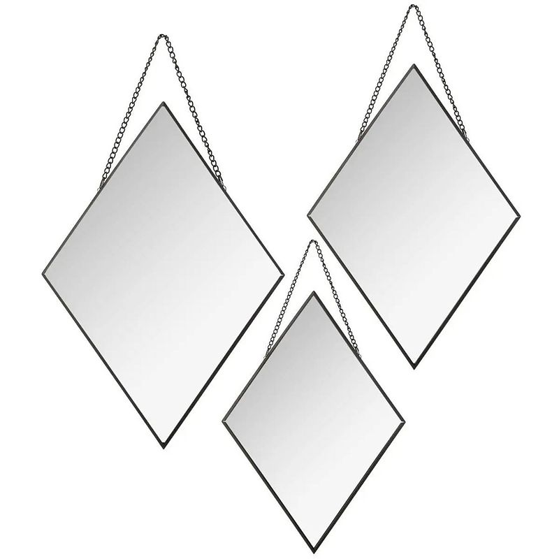 Foto van Set van 3x spiegels/wandspiegels ruit metaal zwart met ketting - spiegels