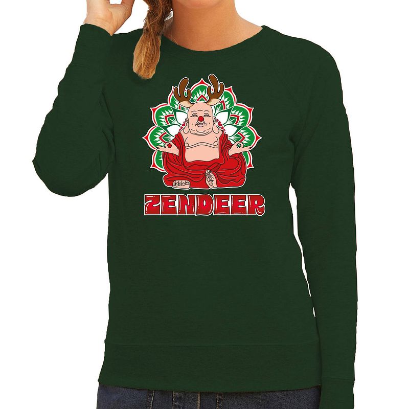 Foto van Bellatio decorations foute kersttrui/sweater voor dames - zendeer buddha - groen - rendier - boeddha s - kerst truien