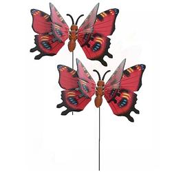 Foto van 2x stuks metalen vlinder rood 17 x 60 cm op steker - tuindecoratie vlinders - dierenbeelden