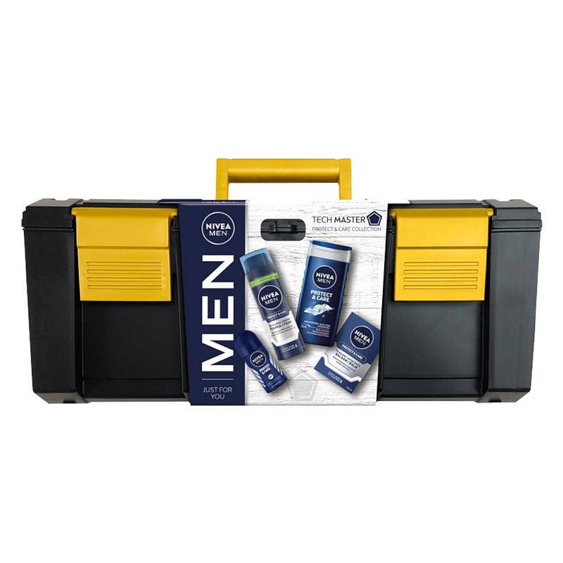 Foto van Men tech master kit scheerschuim 200ml + roll-on antitranspirant 50ml + douchegel 250ml + aftershave balsem 100ml