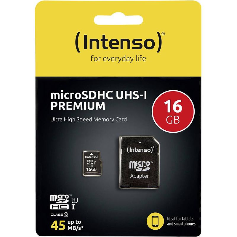 Foto van Intenso premium microsdhc-kaart 16 gb class 10, uhs-i incl. sd-adapter