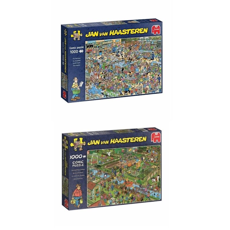 Foto van Jan van haasteren puzzelbundel - 2 stuks - de drogisterij 1000 stukjes & volkstuintjes 1000 stukjes