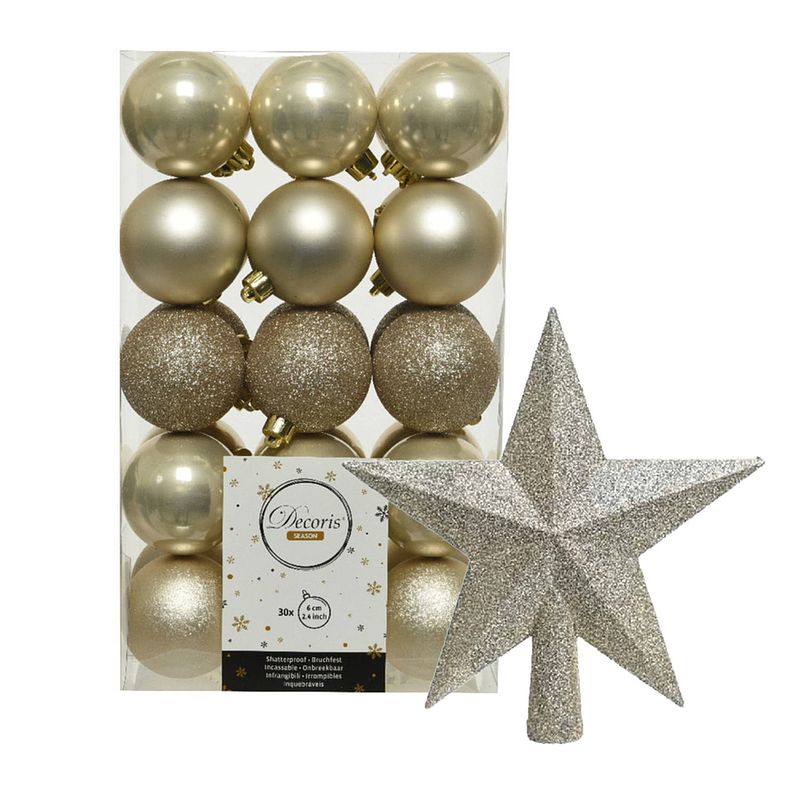 Foto van 30x stuks kunststof kerstballen 6 cm inclusief ster piek champagne - kerstbal