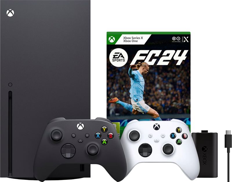 Foto van Xbox series x + ea sports fc 24 + tweede controller wit + play & charge kit