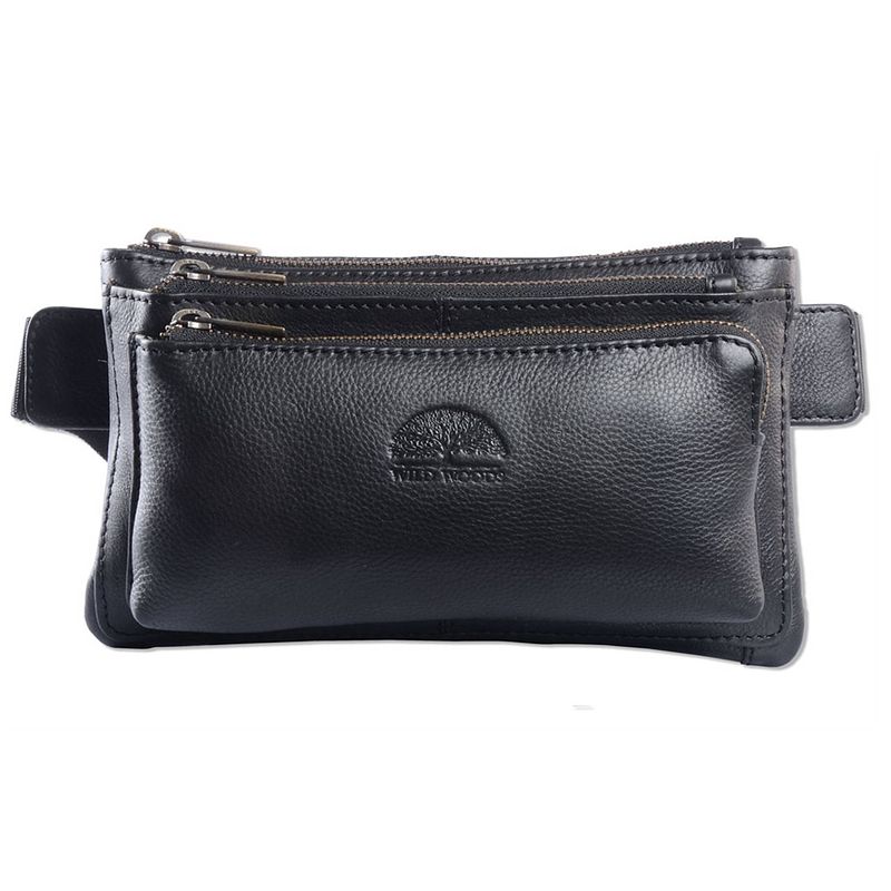 Foto van Wild woods moderne leren heuptas met 3 ritsen compact - fanny pack - hoogwaardig nappa leer - zwart