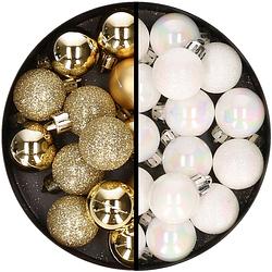 Foto van 34x stuks kunststof kerstballen goud en parelmoer wit 3 cm - kerstbal