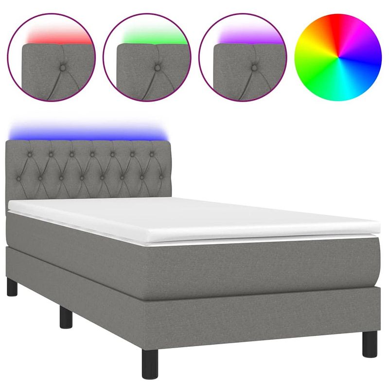 Foto van The living store bed - led strip - pocketvering matras - topmatras - 90x190 cm - donkergrijs/wit